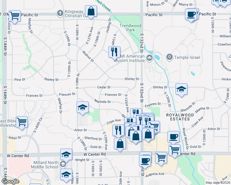 map of restaurants, bars, coffee shops, grocery stores, and more near 13424 Cedar Street in Omaha