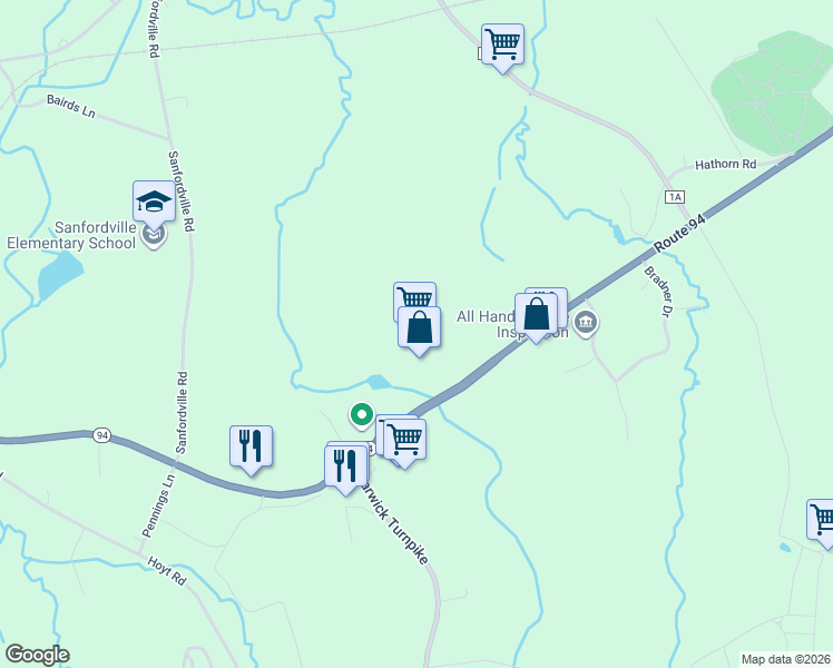 map of restaurants, bars, coffee shops, grocery stores, and more near 142 New York 94 in Warwick