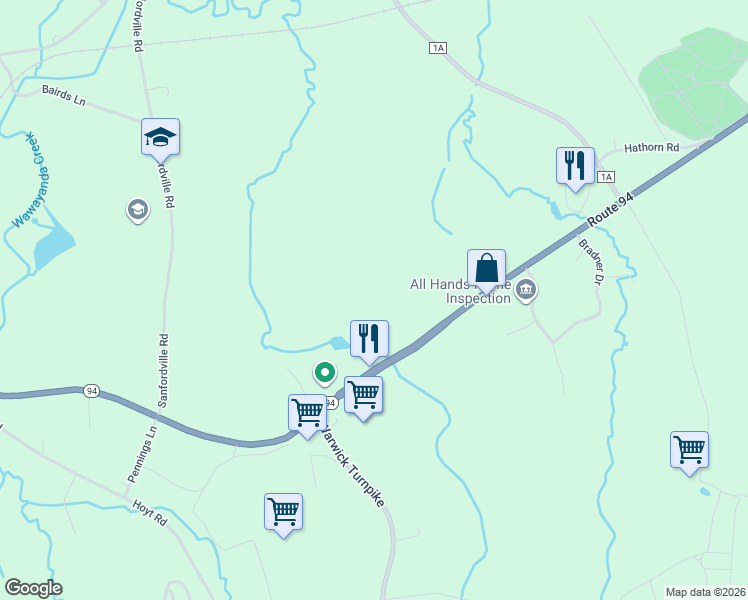 map of restaurants, bars, coffee shops, grocery stores, and more near 142 New York 94 in Warwick