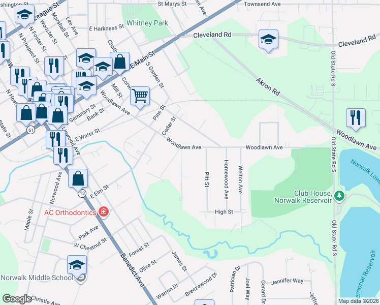 map of restaurants, bars, coffee shops, grocery stores, and more near 85 Woodlawn Avenue in Norwalk