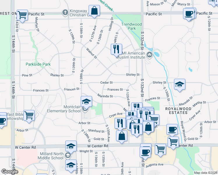 map of restaurants, bars, coffee shops, grocery stores, and more near 13512 Cedar Street in Omaha