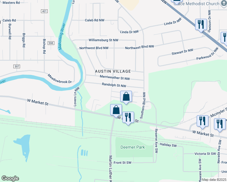 map of restaurants, bars, coffee shops, grocery stores, and more near 416 Commerce Avenue Northwest in Warren