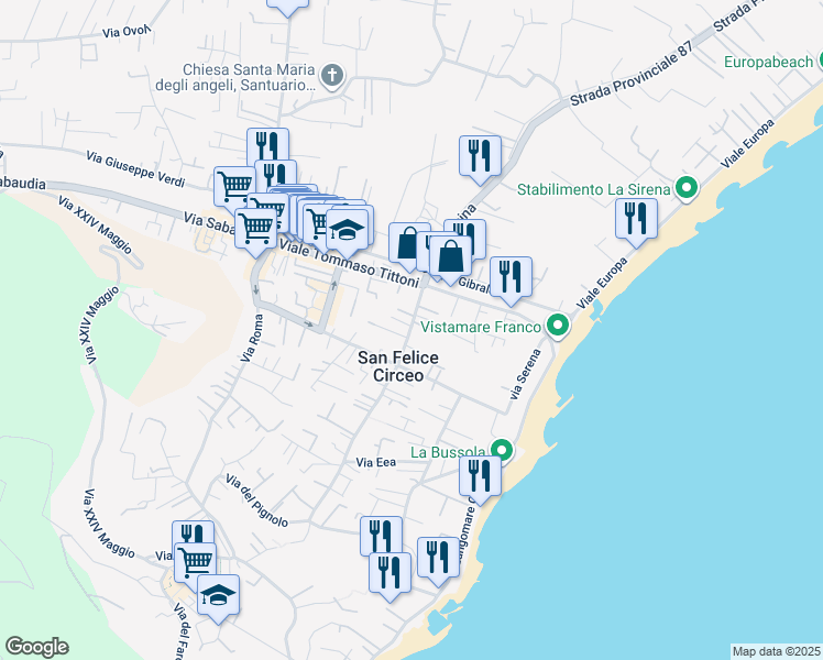 map of restaurants, bars, coffee shops, grocery stores, and more near 126 Viale Alcide de Gasperi in San Felice Circeo