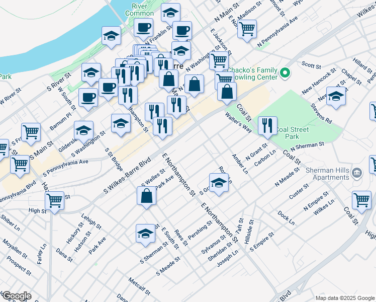 map of restaurants, bars, coffee shops, grocery stores, and more near 50 Lincoln Street in Wilkes-Barre