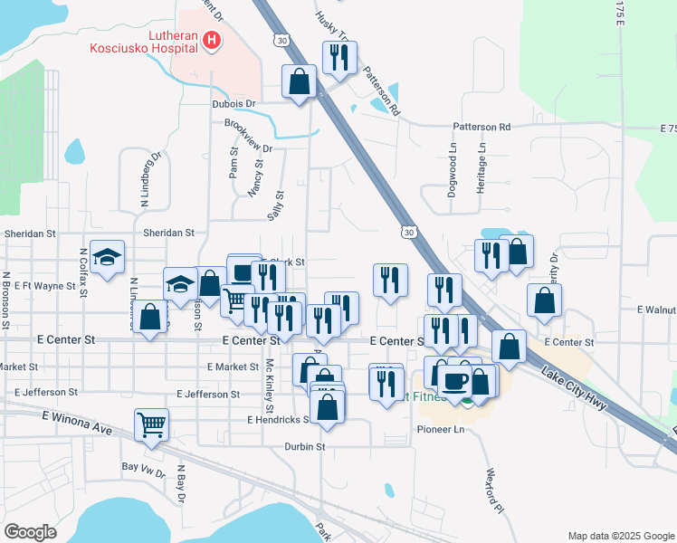 map of restaurants, bars, coffee shops, grocery stores, and more near 2507 Oriole Lane in Warsaw