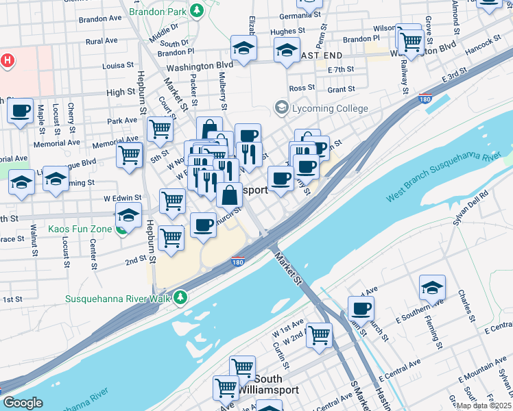 map of restaurants, bars, coffee shops, grocery stores, and more near 34 East Church Street in Williamsport
