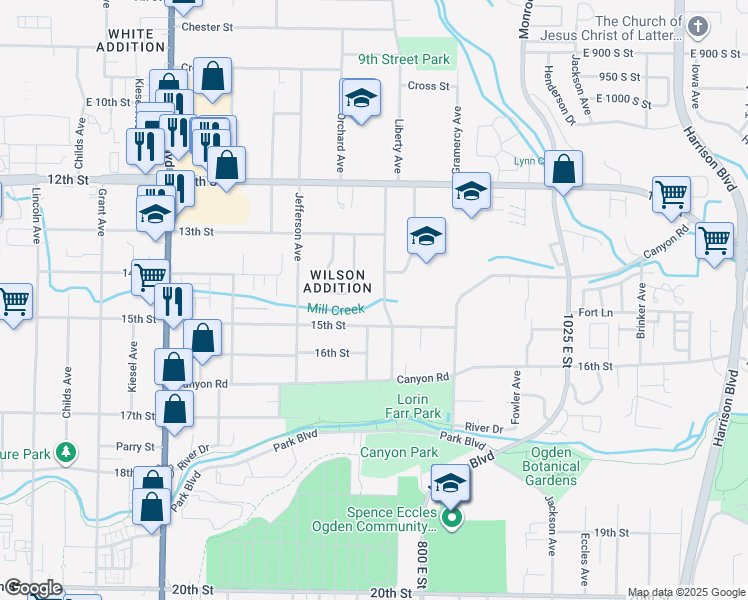 map of restaurants, bars, coffee shops, grocery stores, and more near 1362 Madison Avenue in Ogden