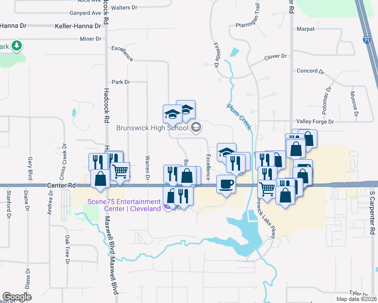 map of restaurants, bars, coffee shops, grocery stores, and more near 3637 Center Road in Brunswick