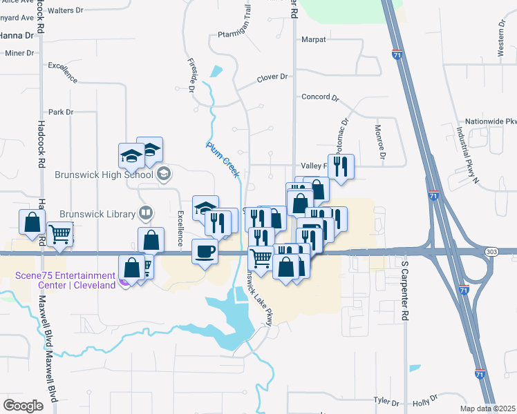 map of restaurants, bars, coffee shops, grocery stores, and more near 1269 Old Eagle Drive in Brunswick