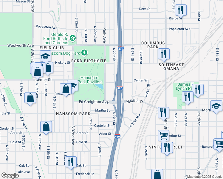 map of restaurants, bars, coffee shops, grocery stores, and more near 2911 Shirley Street in Omaha