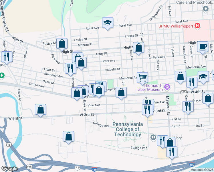 map of restaurants, bars, coffee shops, grocery stores, and more near 522 Grier Street in Williamsport