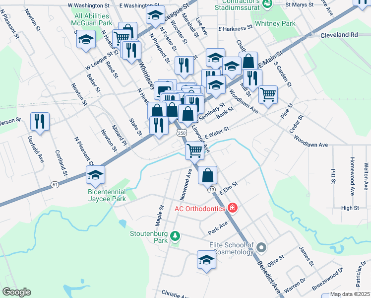 map of restaurants, bars, coffee shops, grocery stores, and more near 47 Benedict Avenue in Norwalk