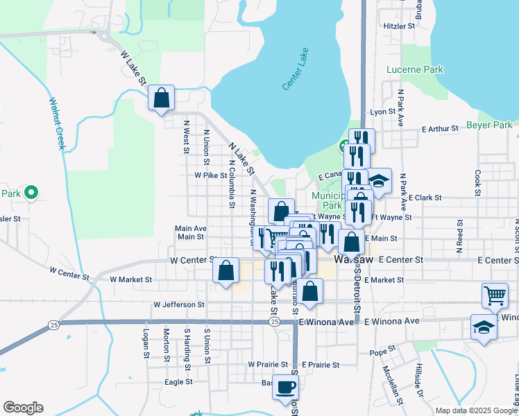 map of restaurants, bars, coffee shops, grocery stores, and more near 51 West Porter Street in Warsaw