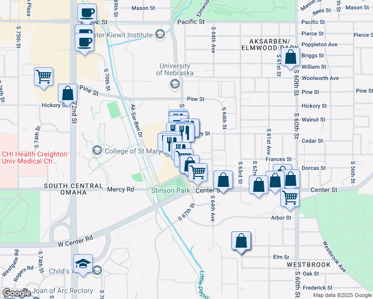 map of restaurants, bars, coffee shops, grocery stores, and more near 2110 S 67th St in Omaha