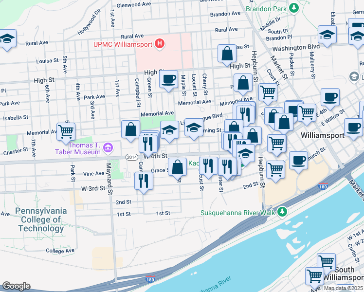 map of restaurants, bars, coffee shops, grocery stores, and more near 647 Cedar Avenue in Williamsport