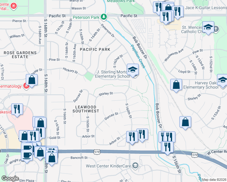 map of restaurants, bars, coffee shops, grocery stores, and more near 16106 Shirley Street in Omaha