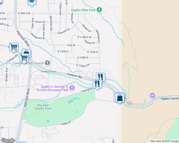 map of restaurants, bars, coffee shops, grocery stores, and more near 1643 East 1350 South Street in Ogden