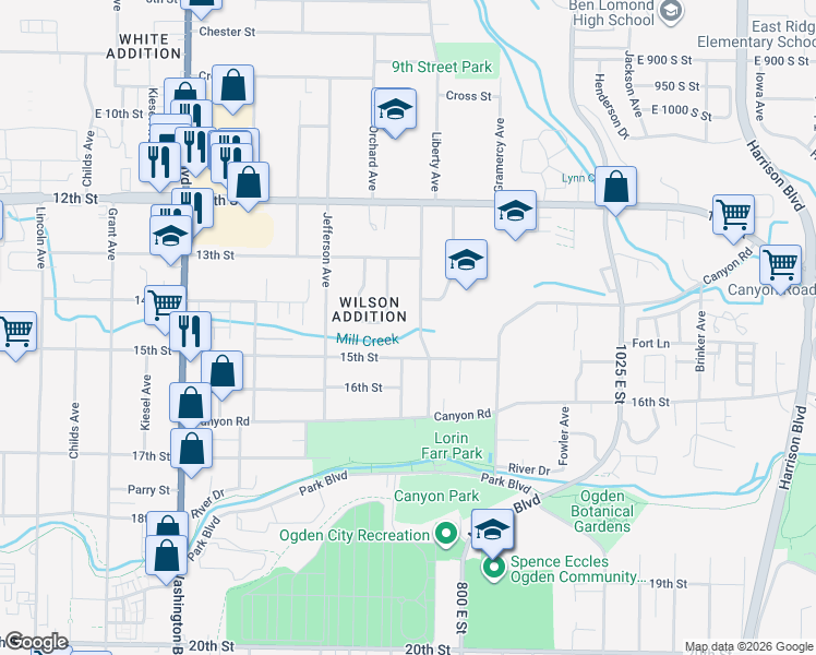 map of restaurants, bars, coffee shops, grocery stores, and more near 1362 Madison Avenue in Ogden