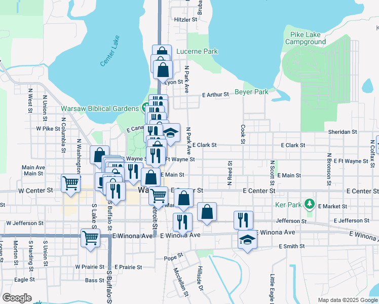 map of restaurants, bars, coffee shops, grocery stores, and more near 603 E Clark St in Warsaw