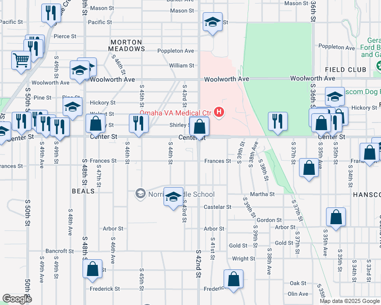 map of restaurants, bars, coffee shops, grocery stores, and more near 4206 Frances Street in Omaha