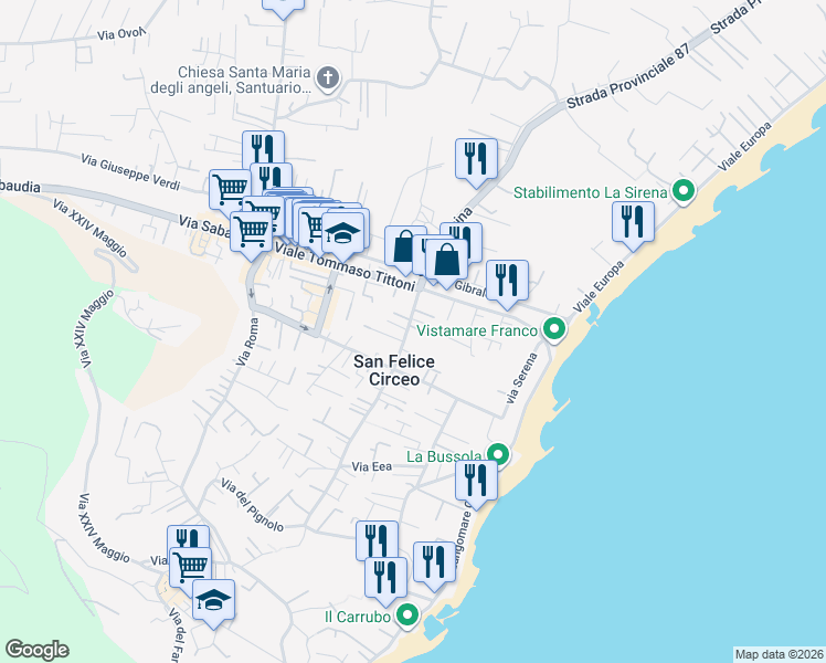 map of restaurants, bars, coffee shops, grocery stores, and more near 126 Viale Alcide de Gasperi in San Felice Circeo