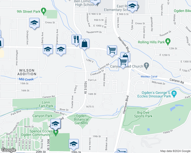 map of restaurants, bars, coffee shops, grocery stores, and more near 1434 Cobblestone Lane in Ogden