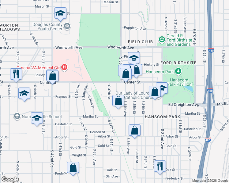 map of restaurants, bars, coffee shops, grocery stores, and more near 1912 South 36th Street in Omaha