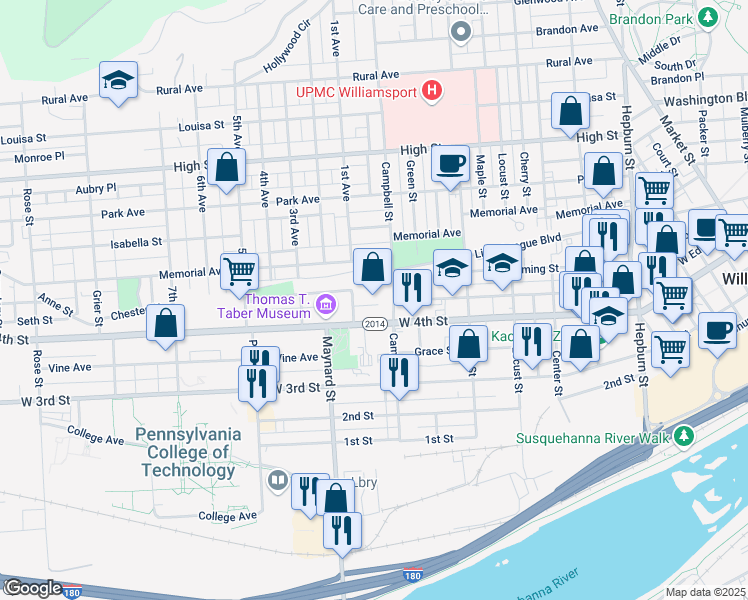 map of restaurants, bars, coffee shops, grocery stores, and more near 800 West 4th Street in Williamsport