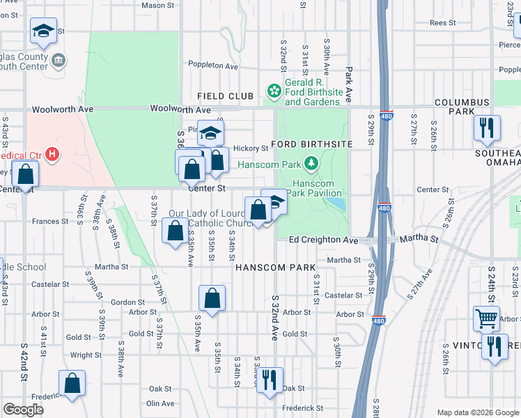 map of restaurants, bars, coffee shops, grocery stores, and more near in Omaha