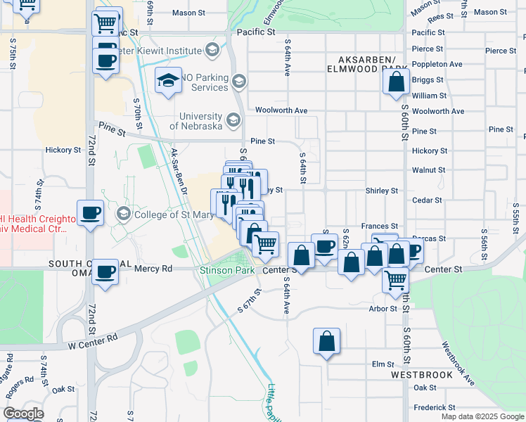 map of restaurants, bars, coffee shops, grocery stores, and more near 6510 Shirley St in Omaha