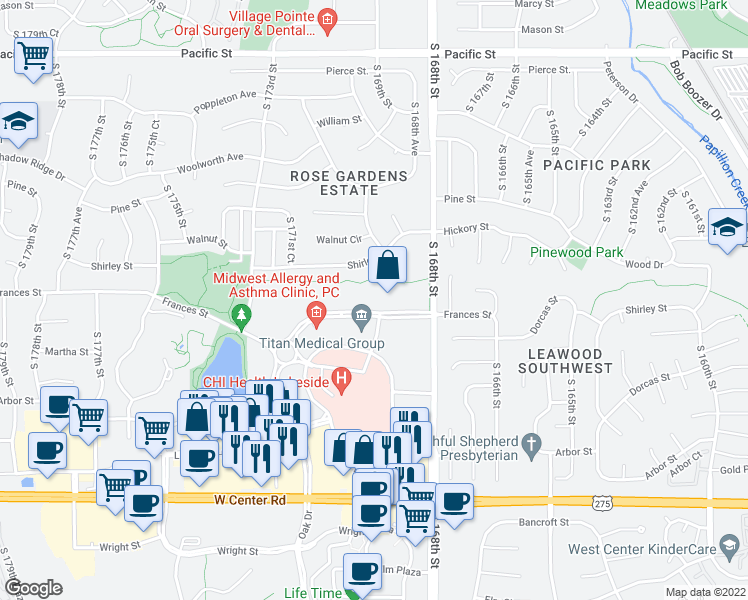 map of restaurants, bars, coffee shops, grocery stores, and more near 16910 Frances Street in Omaha