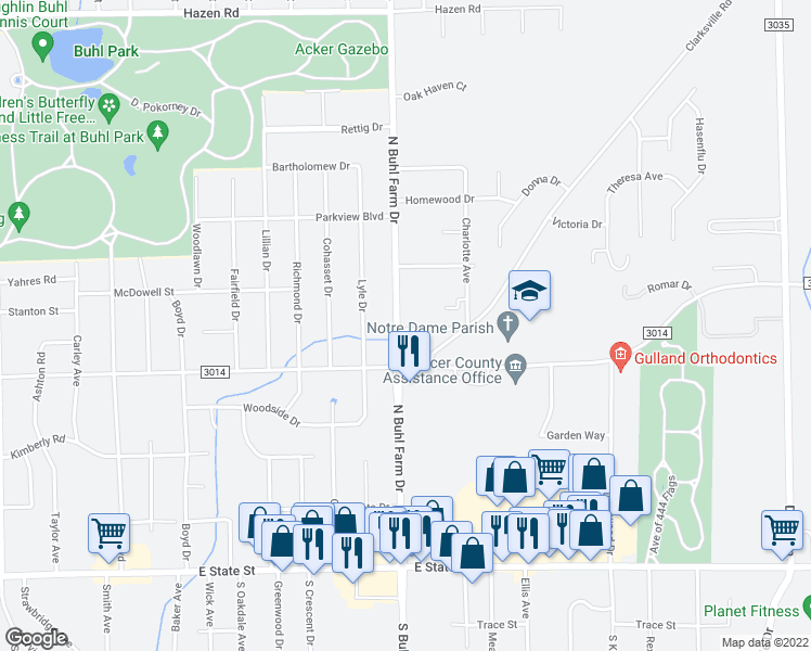 map of restaurants, bars, coffee shops, grocery stores, and more near 534 North Buhl Farm Drive in Hermitage