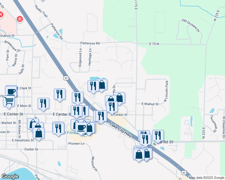 map of restaurants, bars, coffee shops, grocery stores, and more near 445 Prosperity Drive in Warsaw