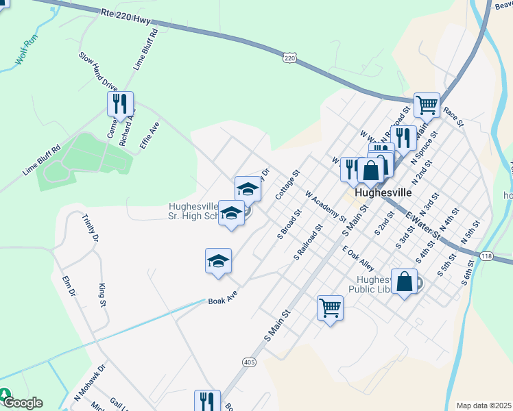 map of restaurants, bars, coffee shops, grocery stores, and more near 100 Dogwood Alley in Hughesville