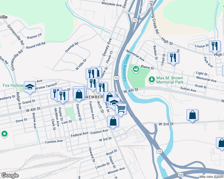 map of restaurants, bars, coffee shops, grocery stores, and more near 928 Moore Avenue in Williamsport