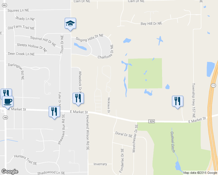 map of restaurants, bars, coffee shops, grocery stores, and more near 125 Hogan Lane in Warren