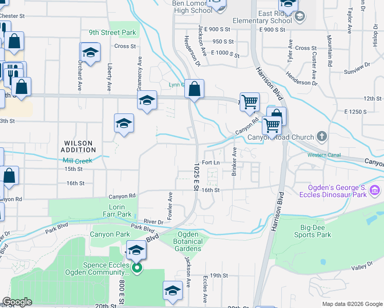 map of restaurants, bars, coffee shops, grocery stores, and more near 1014 Creekside Drive in Ogden