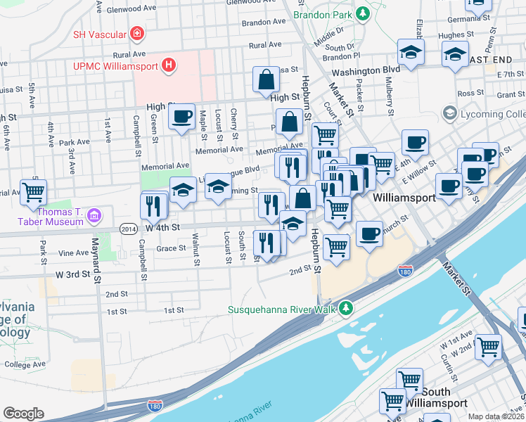 map of restaurants, bars, coffee shops, grocery stores, and more near 431 West Edwin Street in Williamsport
