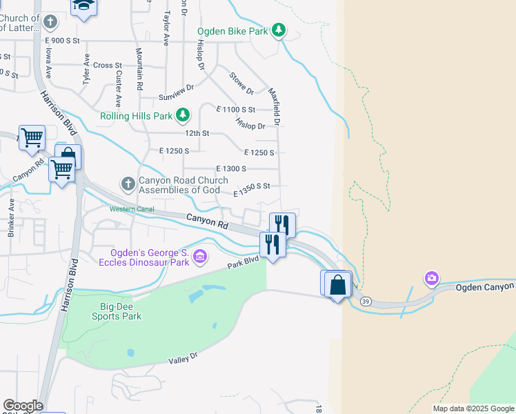 map of restaurants, bars, coffee shops, grocery stores, and more near 1643 East 1350 South Street in Ogden