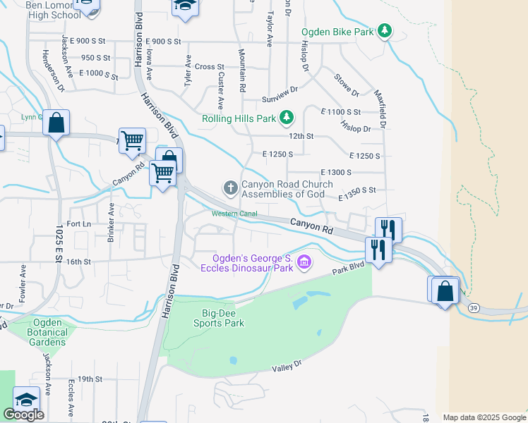 map of restaurants, bars, coffee shops, grocery stores, and more near 1428 Canyon Road in Ogden