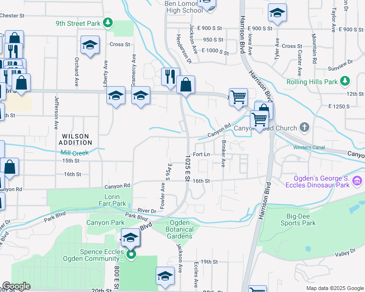 map of restaurants, bars, coffee shops, grocery stores, and more near 965 Canyon Road in Ogden
