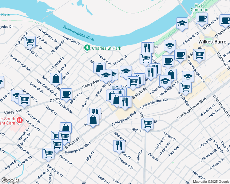 map of restaurants, bars, coffee shops, grocery stores, and more near 86 Academy Street in Wilkes-Barre