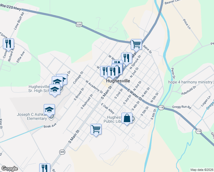map of restaurants, bars, coffee shops, grocery stores, and more near 24 South Main Street in Hughesville