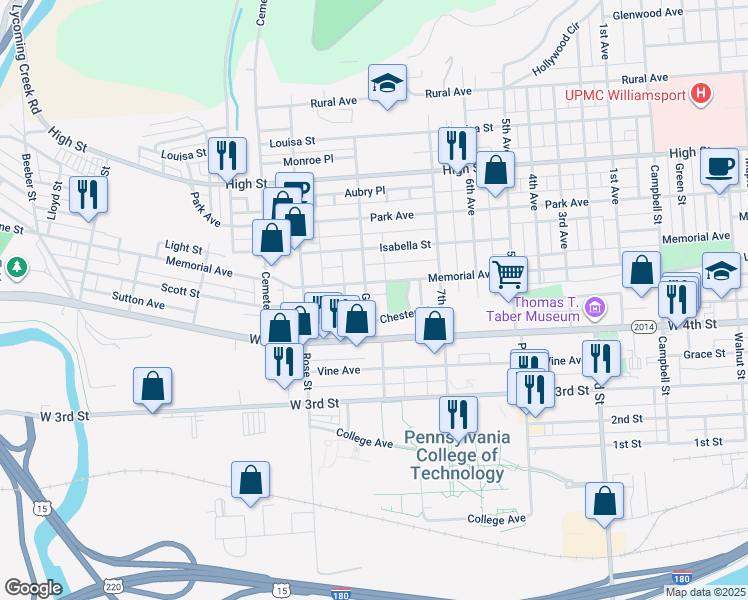 map of restaurants, bars, coffee shops, grocery stores, and more near 522 Grier Street in Williamsport