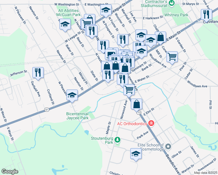 map of restaurants, bars, coffee shops, grocery stores, and more near 48 West Seminary Street in Norwalk