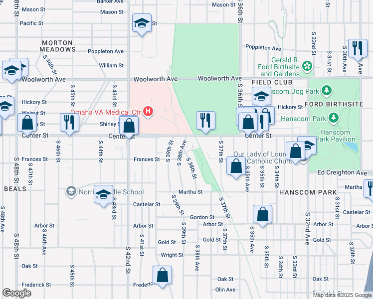 map of restaurants, bars, coffee shops, grocery stores, and more near 1914 South 38th Avenue in Omaha
