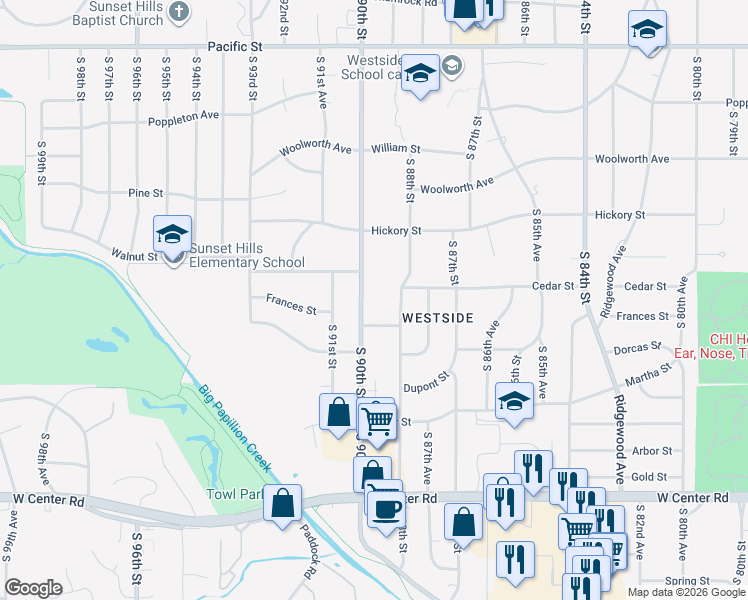 map of restaurants, bars, coffee shops, grocery stores, and more near 2005 South 90th Street in Omaha