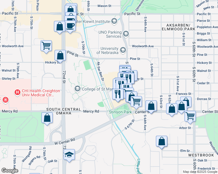 map of restaurants, bars, coffee shops, grocery stores, and more near 1919 Ak-Sar-Ben Drive in Omaha