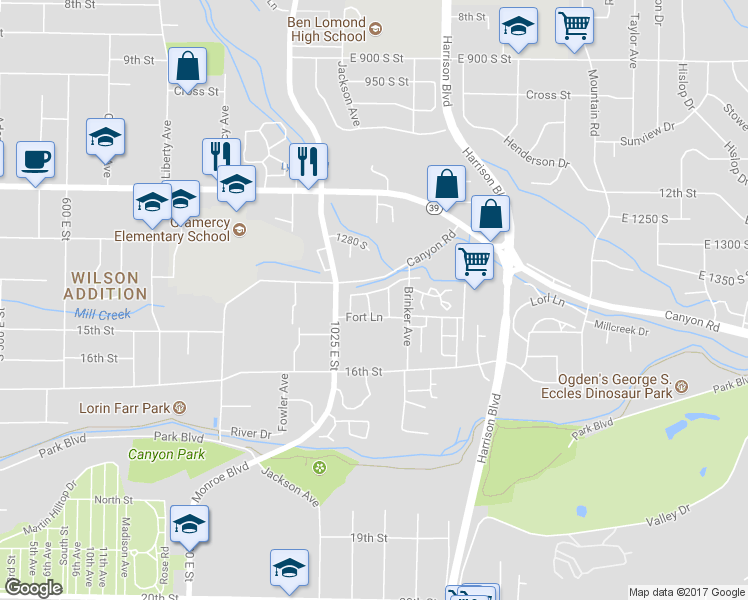 map of restaurants, bars, coffee shops, grocery stores, and more near 1430 Cobblestone Lane in Ogden