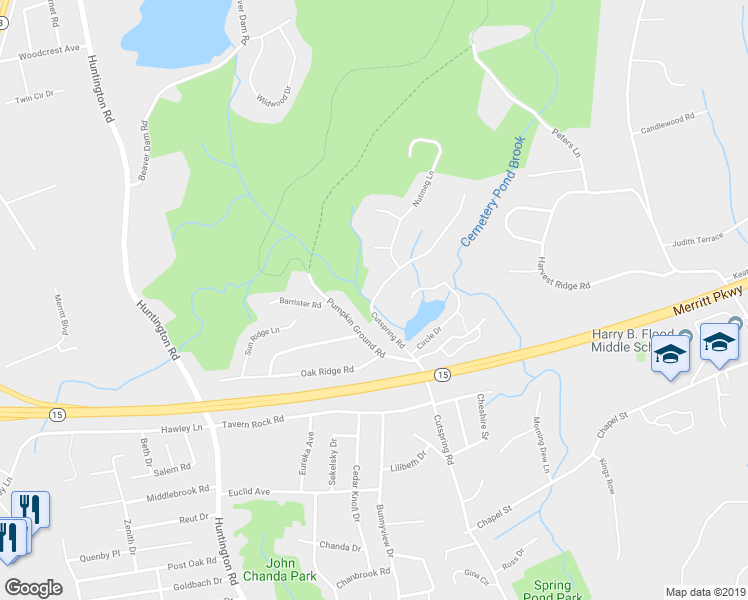 map of restaurants, bars, coffee shops, grocery stores, and more near 1745 Cutspring Road in Stratford